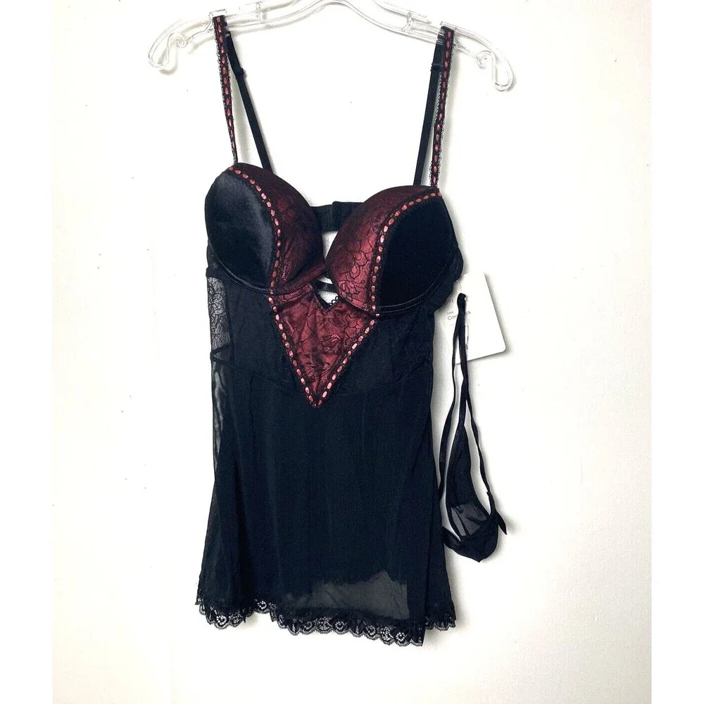 iCollection Babydoll Mesh Lace Overlay Microfiber Coral Black Size M Lingerie - Picture 11 of 11